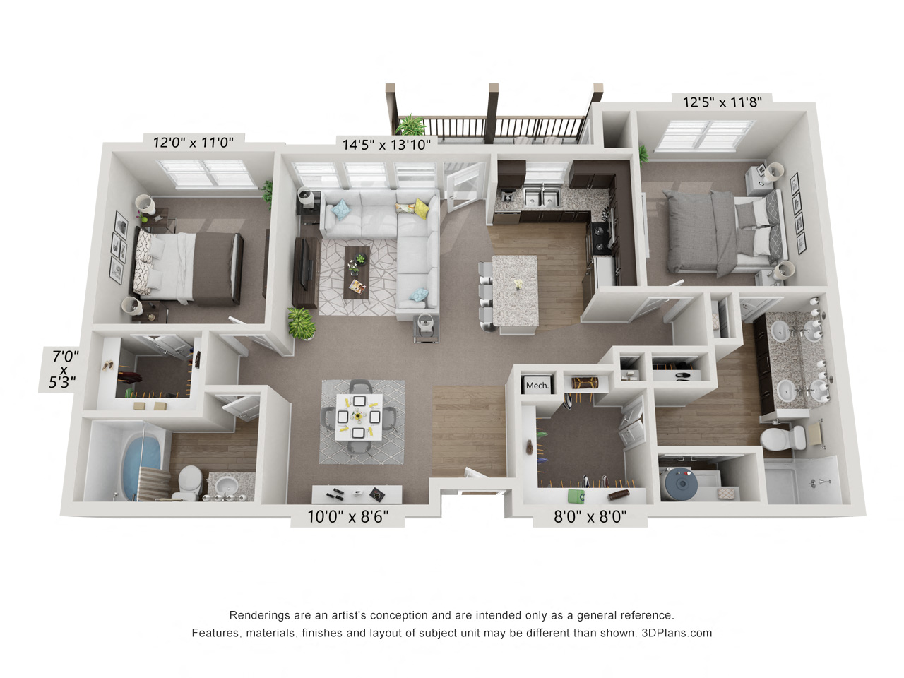 Floor plan for 2 beds, 2 baths, 1093 sqft